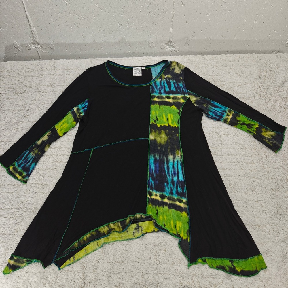 VTG Y2K Parsley & Sage Patchwork Tunic Top Womens M Boho Hippie Tie Dye Festival